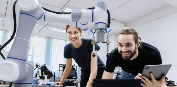 automation machine engineer students study and inspection control robot arm machine in