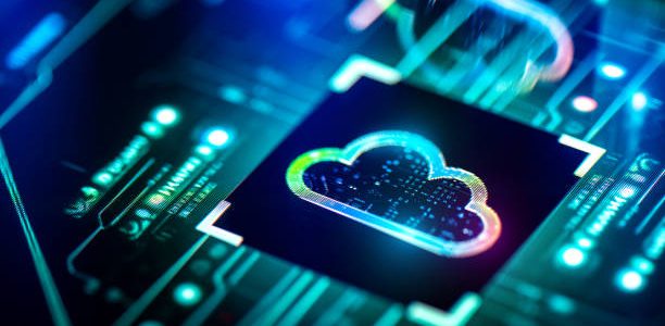 cloud computing concept digital cloud solutions on pcb futuristic background