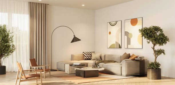 digitally generated image of a living room with a wooden floor