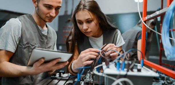 engineering students learning about diagrams to connect plc devices