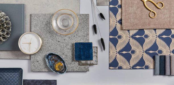 flat lay of creative architect moodboard composition with samples of building textile and
