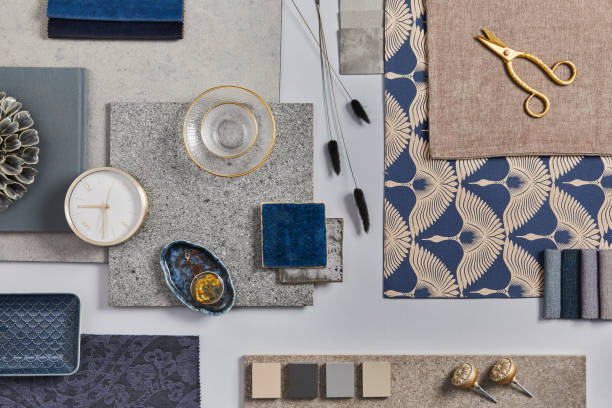 flat lay of creative architect moodboard composition with samples of building textile and