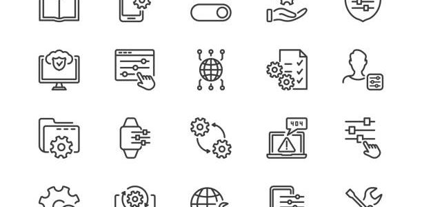simple set of setup repair and settings gear screwdriver and wrench line icons tech support